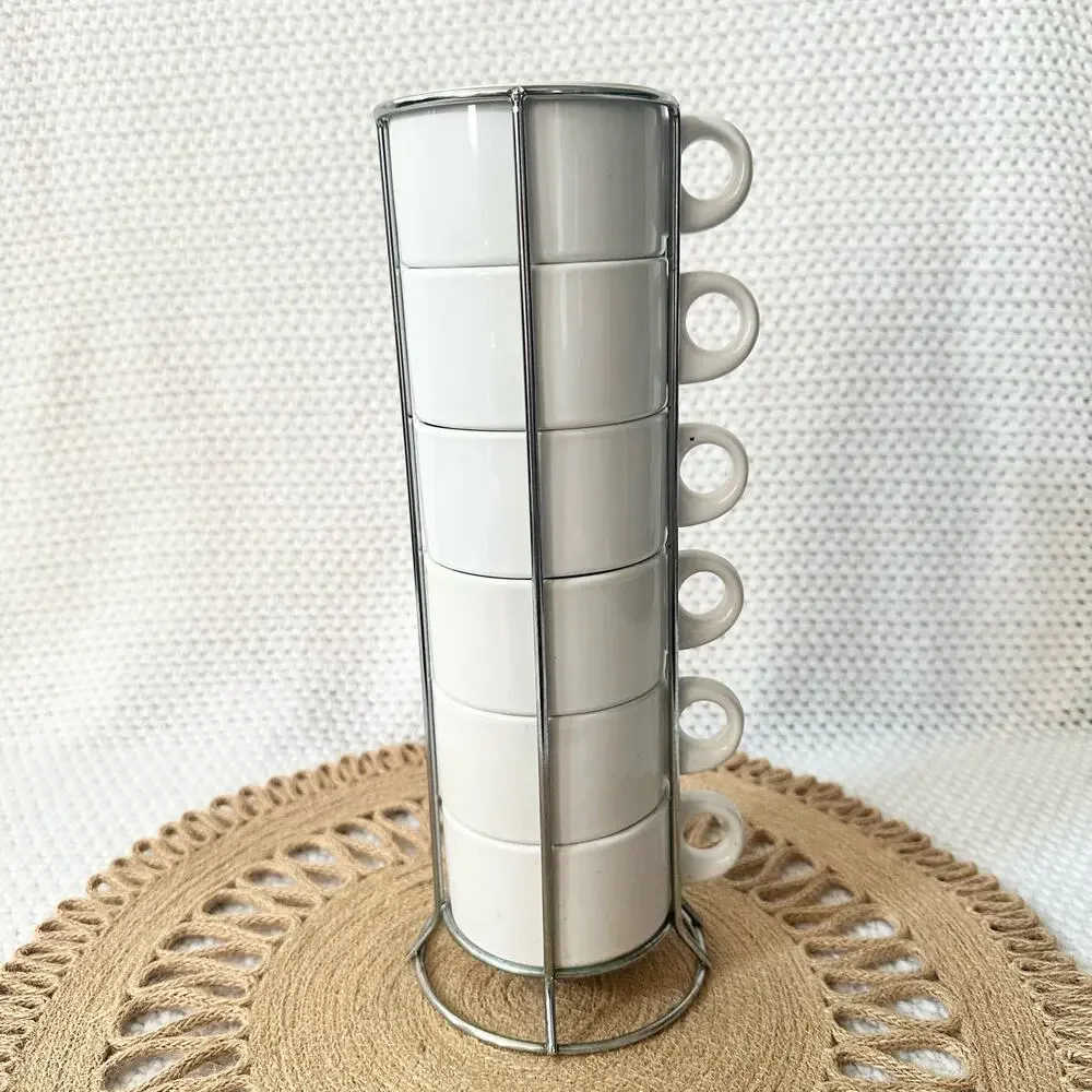 Pier 1 Solid White Stackable Stoneware Coffee Espresso 6 Piece Set Silver Rack